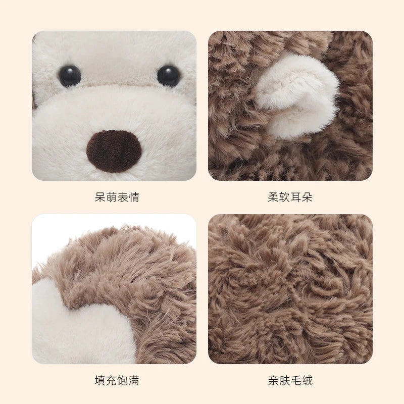 Four images showing different textures and colors of ultra-soft shy monkey plush toys including a light beige face, brown fur