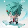 A stylized figure of a blue-haired character riding a skateboard with a light blue background and stars.