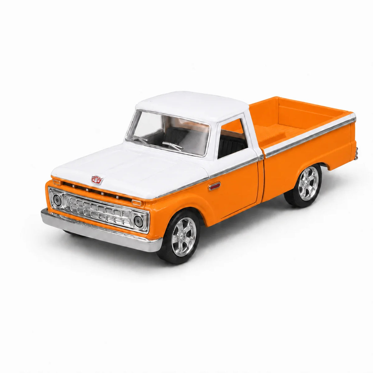 A diecast model of a Ford F-100 pickup truck in white and orange, shown from the side.