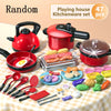 A red playing house kitchenware set with various food items like burgers, sandwiches, and vegetables.