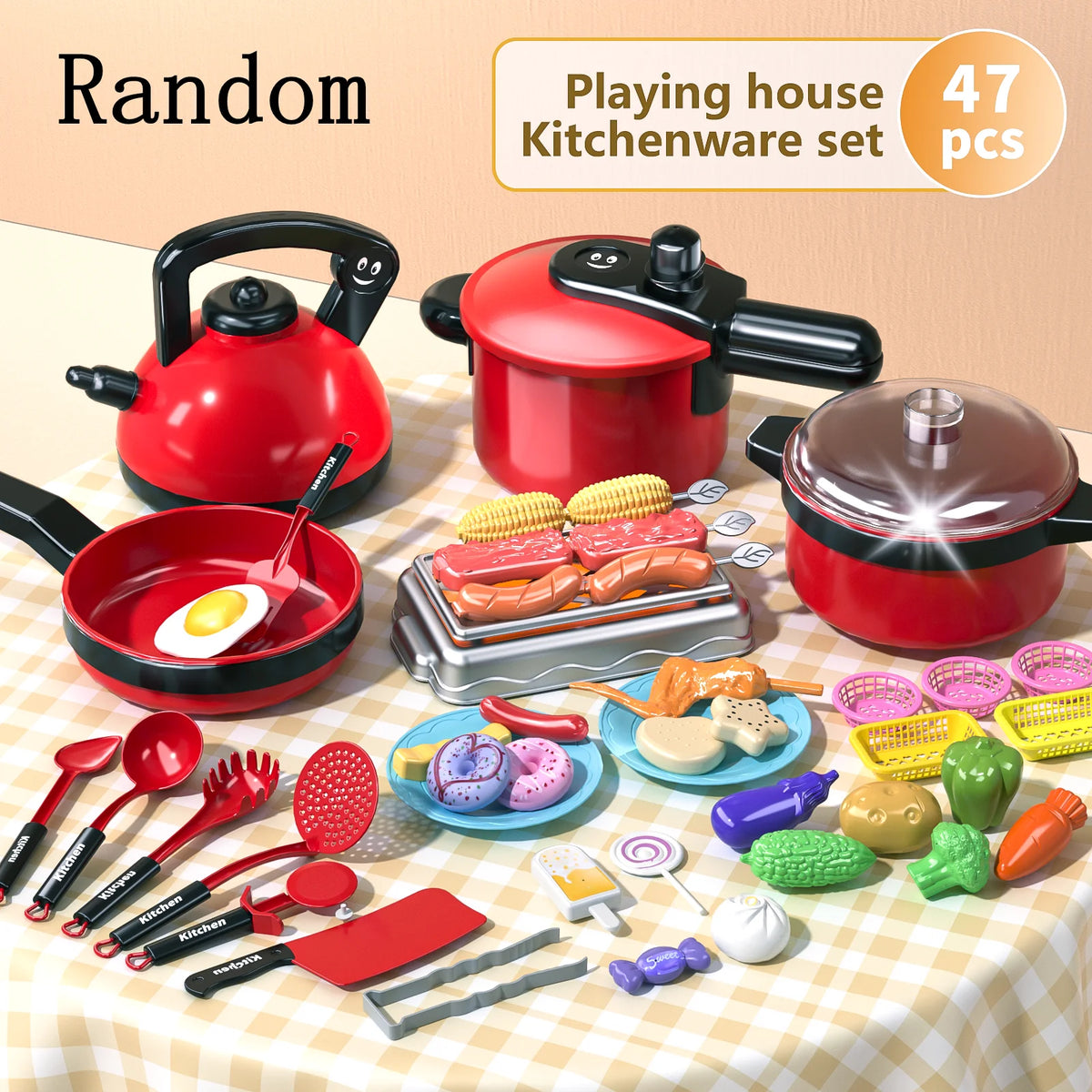 A red playing house kitchenware set with various food items like burgers, sandwiches, and vegetables.