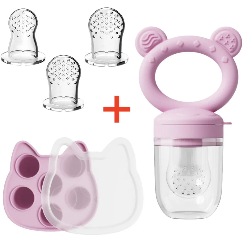 A set of silicone fruit food feeders and a cooling mold with accompanying silicone trays.