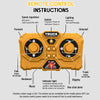 Instructions for a remote control device showing functions like speed regulation, switch, lighting, forward, backward, and di