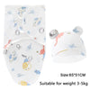 White cotton newborn swaddle blanket and hat set with various cute celestial and animal patterns