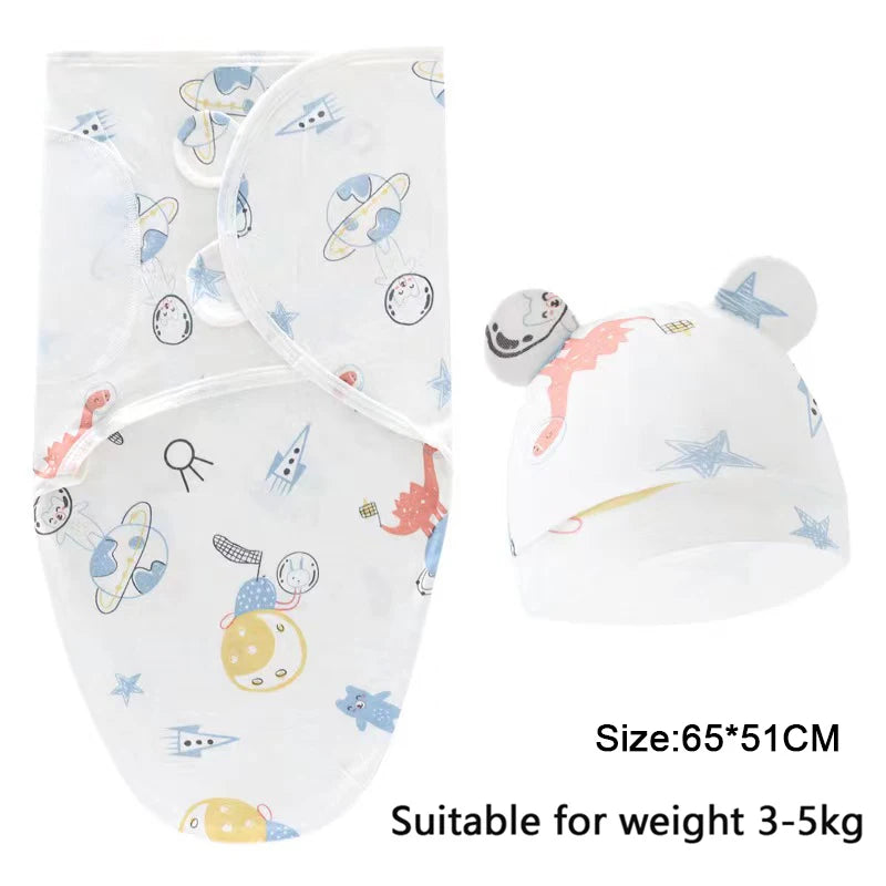 White cotton newborn swaddle blanket and hat set with various cute celestial and animal patterns