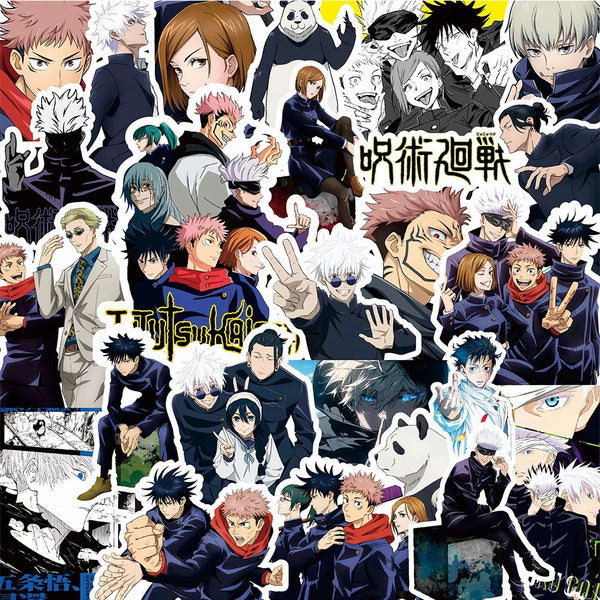 A collage of various Jujutsu Kaisen anime characters and artwork suitable for decals and stickers.