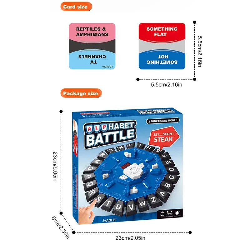 A box for an alphabet battle game featuring a blue board with letters and a steak shape.