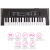 A black 37-key electronic keyboard piano with microphone and various functions displayed on the front panel.