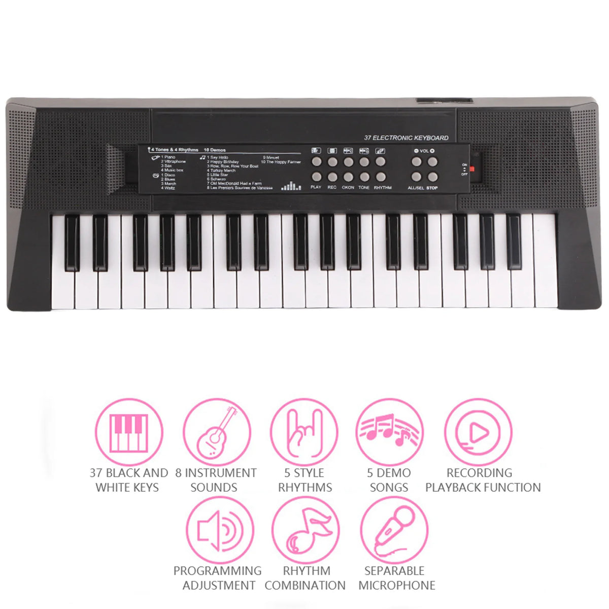 A black 37-key electronic keyboard piano with microphone and various functions displayed on the front panel.