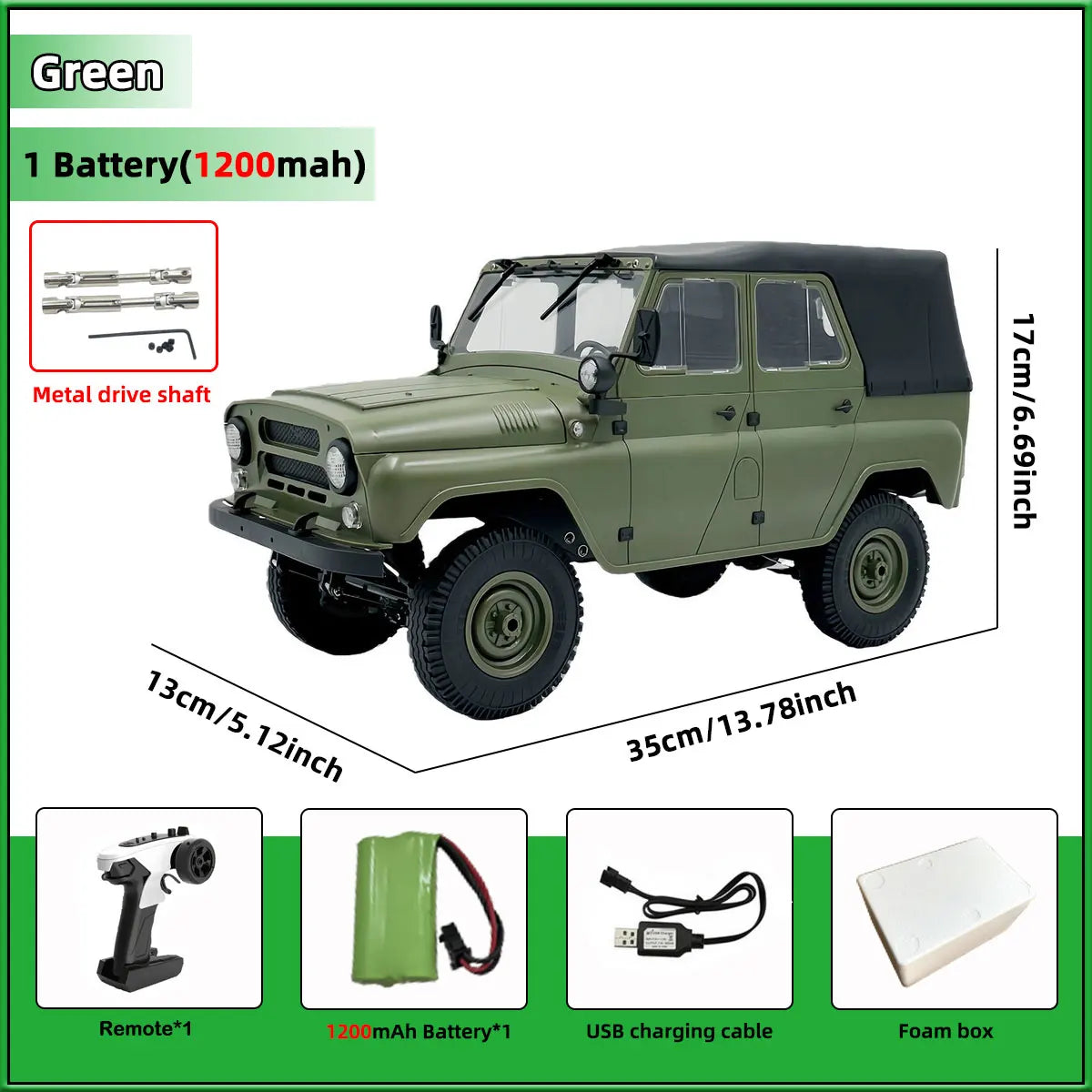 A green 1/12 scale RC rock crawler truck with LED lights and accessories shown in a box.