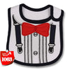 A white baby feeding bib with a black trim and a red bow, featuring vertical stripes.