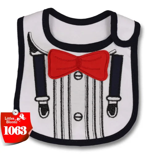 A white baby feeding bib with a black trim and a red bow, featuring vertical stripes.