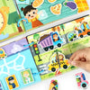 A colorful interactive learning busy book for toddlers featuring activity cards like fruit, animals, and vehicles.