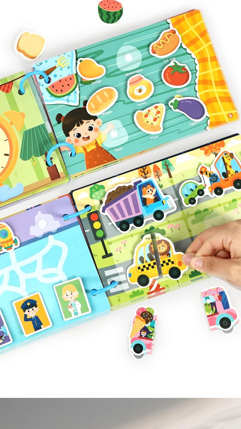 A colorful interactive learning busy book for toddlers featuring activity cards like fruit, animals, and vehicles.