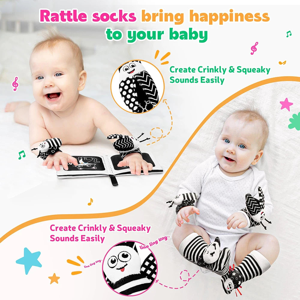 Black and White Sensory Wrist Rattles and Foot Finders for Newborns