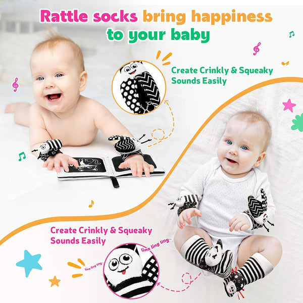 Black and White Sensory Wrist Rattles and Foot Finders for Newborns