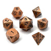 A set of premium metal polyhedral dice with a multicolor gold finish, showing various numbered dice.