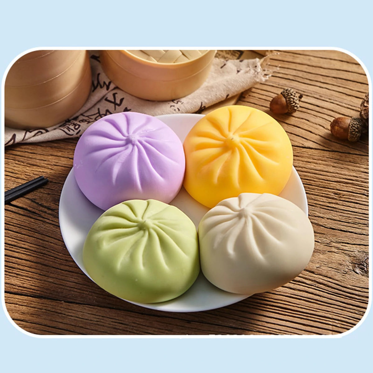 A collection of colorful, squishy bear-shaped stress relief fidget toys in purple, yellow, and green resting on a wooden surf