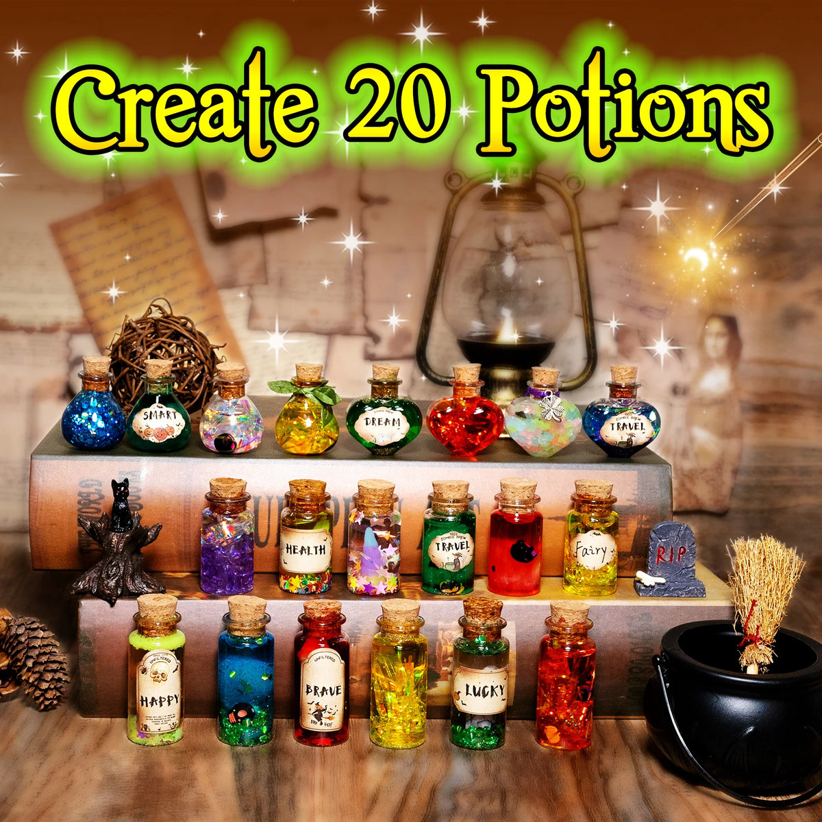 Sammlung von 20 Glasfläschchen und Zutaten für ein DIY Zauber-Potion-Set.