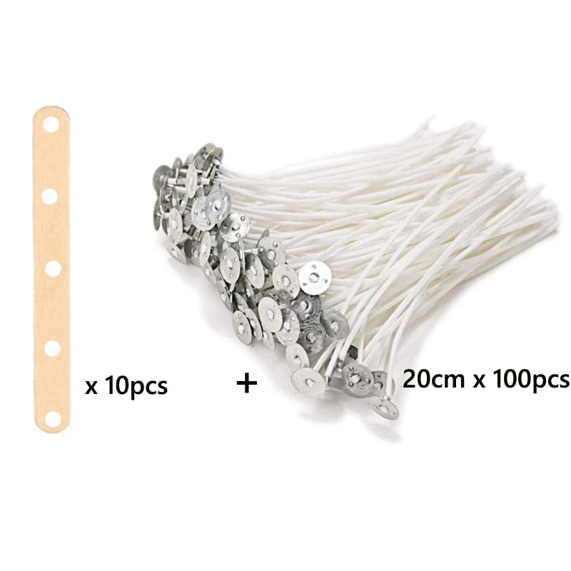 A set of pre-waxed cotton candle wicks with metal sustainer tabs, showing 10 pieces and a 20cm length of 100 pieces.