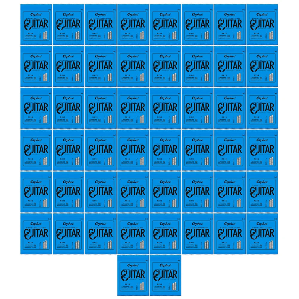 A grid of guitar strings packaged in blue and white boxes, showing various sets of electric guitar strings.