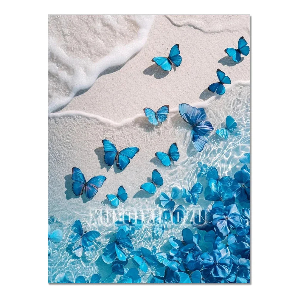 A close-up of blue butterflies floating on white sand and clear water, suitable for a diamond painting kit.