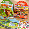 A set of colorful reusable scene stickers featuring animals and a supermarket, designed for children.