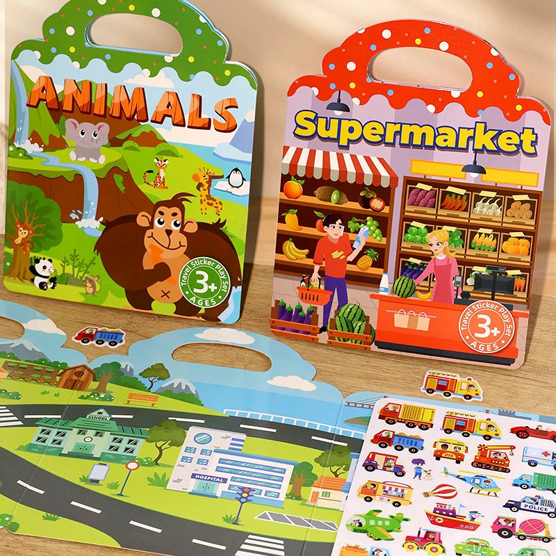 A set of colorful reusable scene stickers featuring animals and a supermarket, designed for children.
