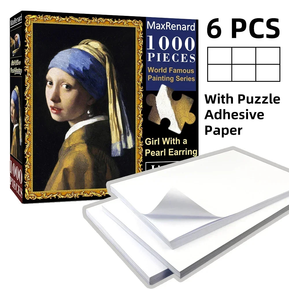 Box of a 1000-piece jigsaw puzzle featuring a portrait, with adhesive sheets and paper included.
