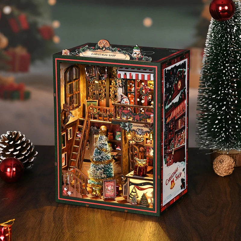 DIY Book Nook Kit – Christmas Shop Miniature Wooden Model with Lights