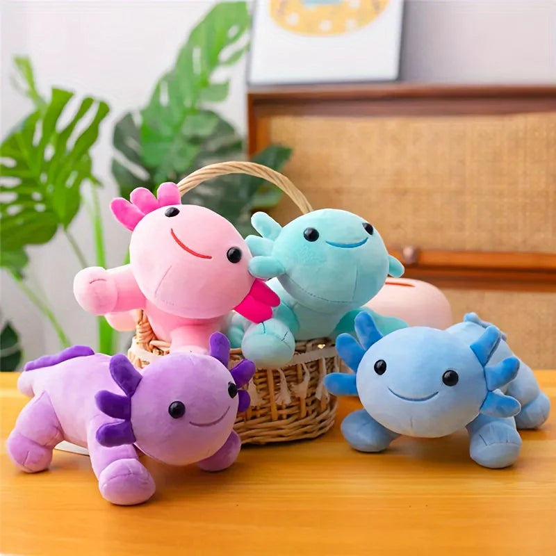 A collection of soft plush toys shaped like axolotls in pink, blue, and purple colors.
