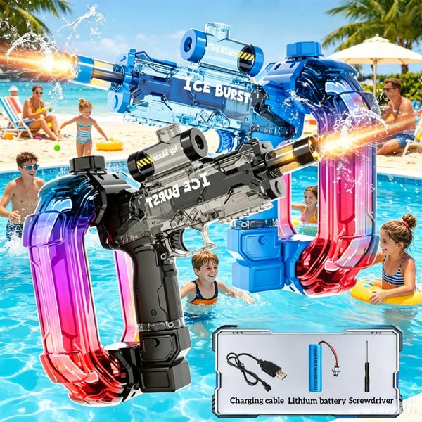 A black electric water blaster toy gun is shown firing a stream of water in a swimming pool.