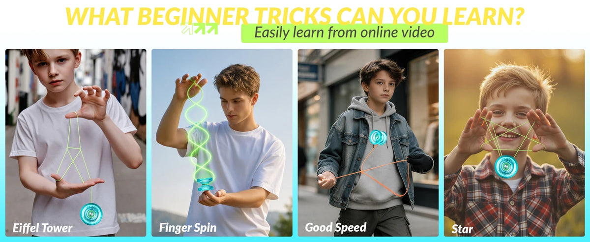 A collage showing various beginner tricks like Eiffel Tower, Finger Spin, Good Speed, and Star with a crystal plastic yo-yo.
