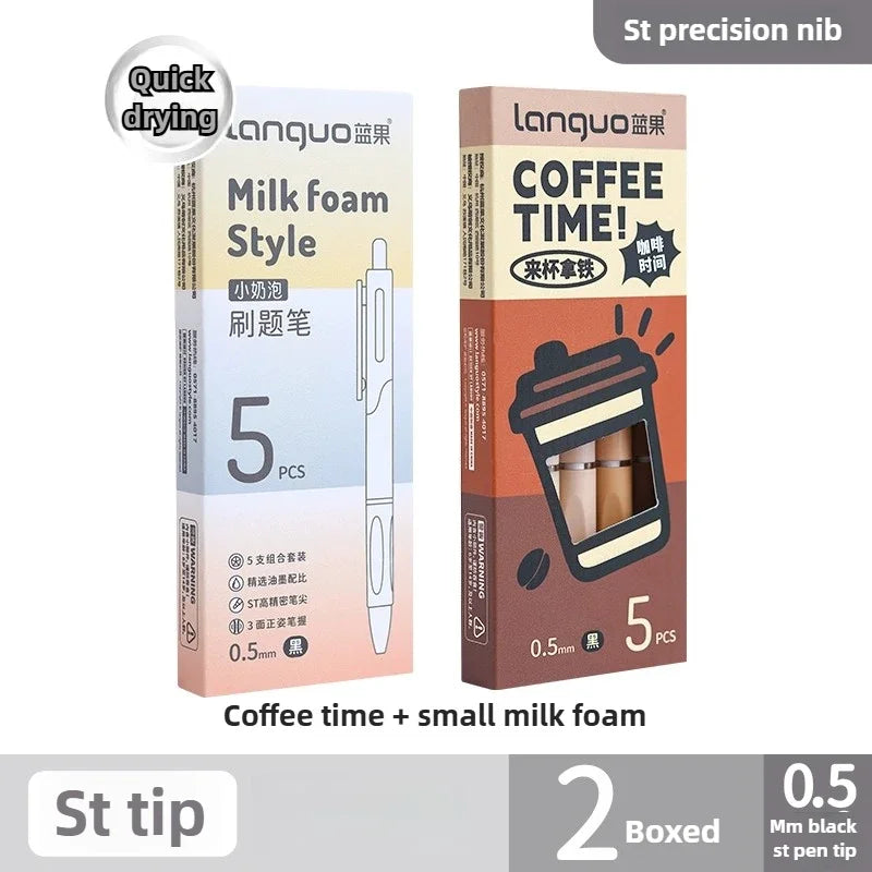 A box of Langquo Gel Pen set featuring a Milk foam style pen and coffee time theme with 5 pieces.