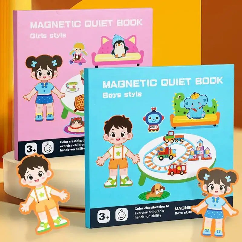 A box of a Magnetic Quiet Book for boys style and girls style featuring colorful illustrations and wooden elements.