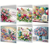 A set of four diamond painting birthday cards featuring colorful flowers and birds.