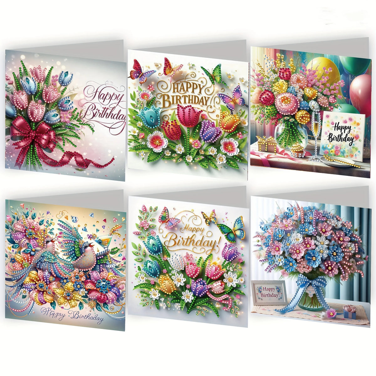 A set of four diamond painting birthday cards featuring colorful flowers and birds.