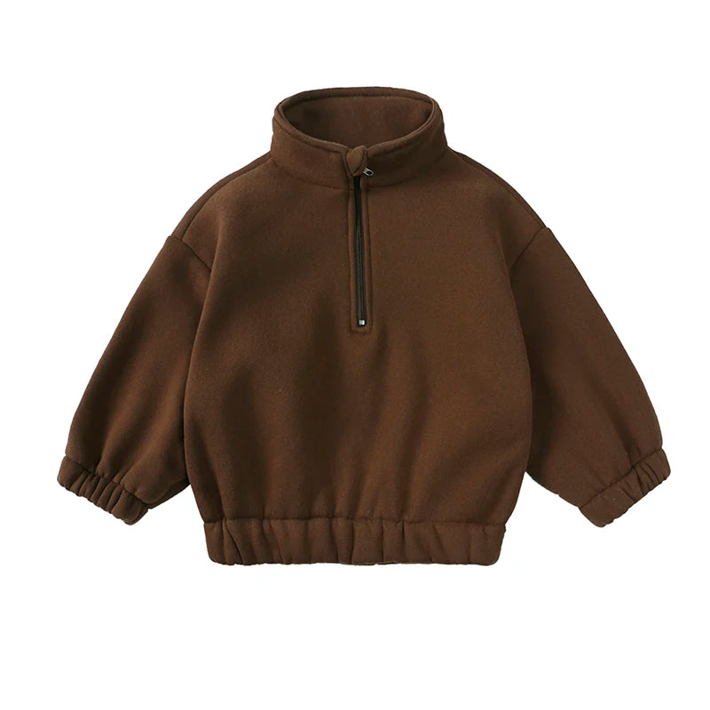 A brown fleece hooded tracksuit top for a child, shown flat lay.