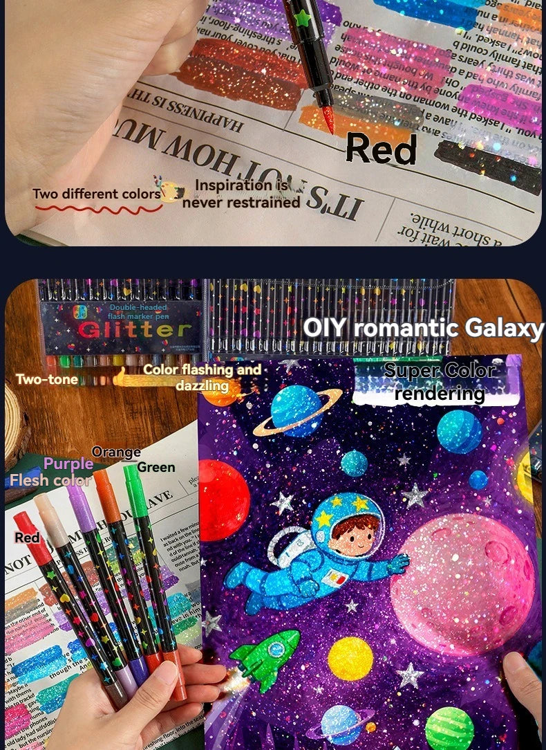 A collection of dual-tip glitter art markers in various colors, including red, orange, and green, used for crafting.
