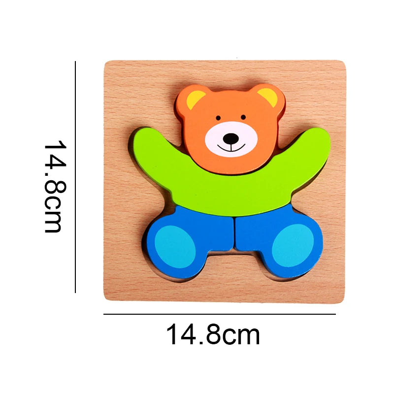 A wooden puzzle shaped like a bear, featuring orange ears, a brown face, green arms, and blue legs.
