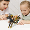 Two children interact with a black and yellow transforming dinosaur car toy on a white surface.