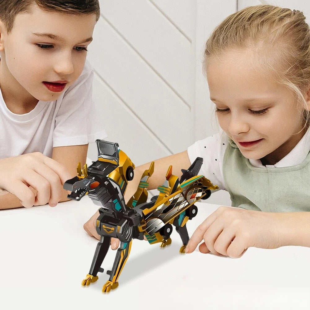 Two children interact with a black and yellow transforming dinosaur car toy on a white surface.