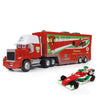 A red and green Pixar Cars die-cast toy hauler truck with a white cab and cargo area.