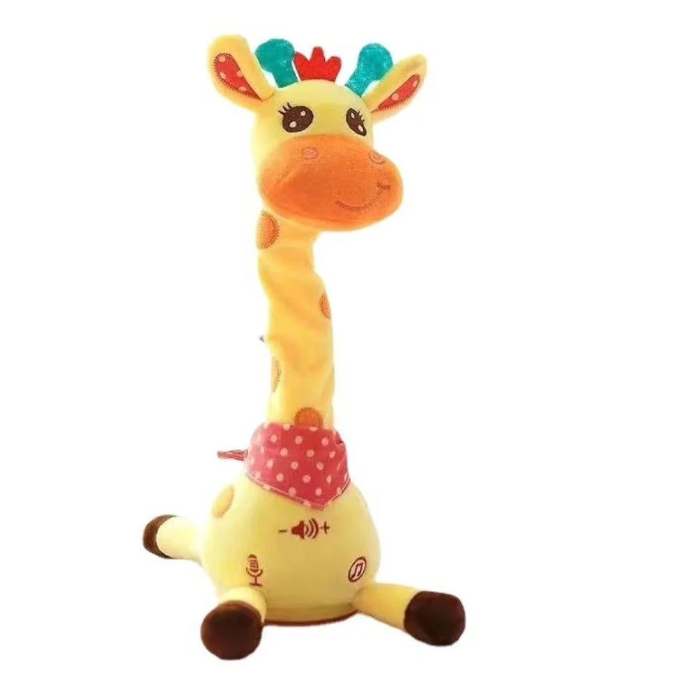 A yellow dancing talking giraffe plush toy with pink accents.