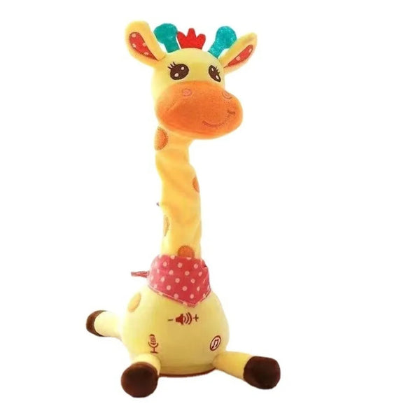 A yellow dancing talking giraffe plush toy with pink accents.
