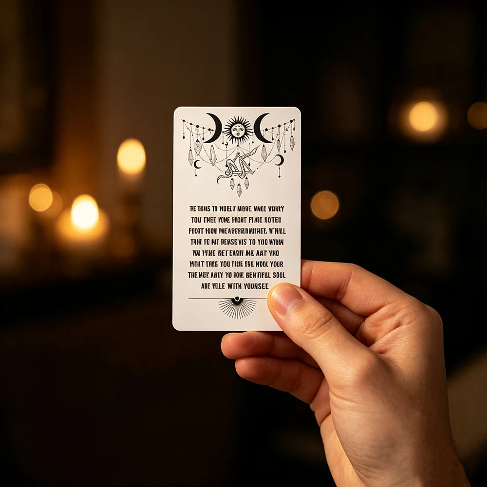A hand holds a tarot-style oracle card featuring celestial symbols and text against a dark background.