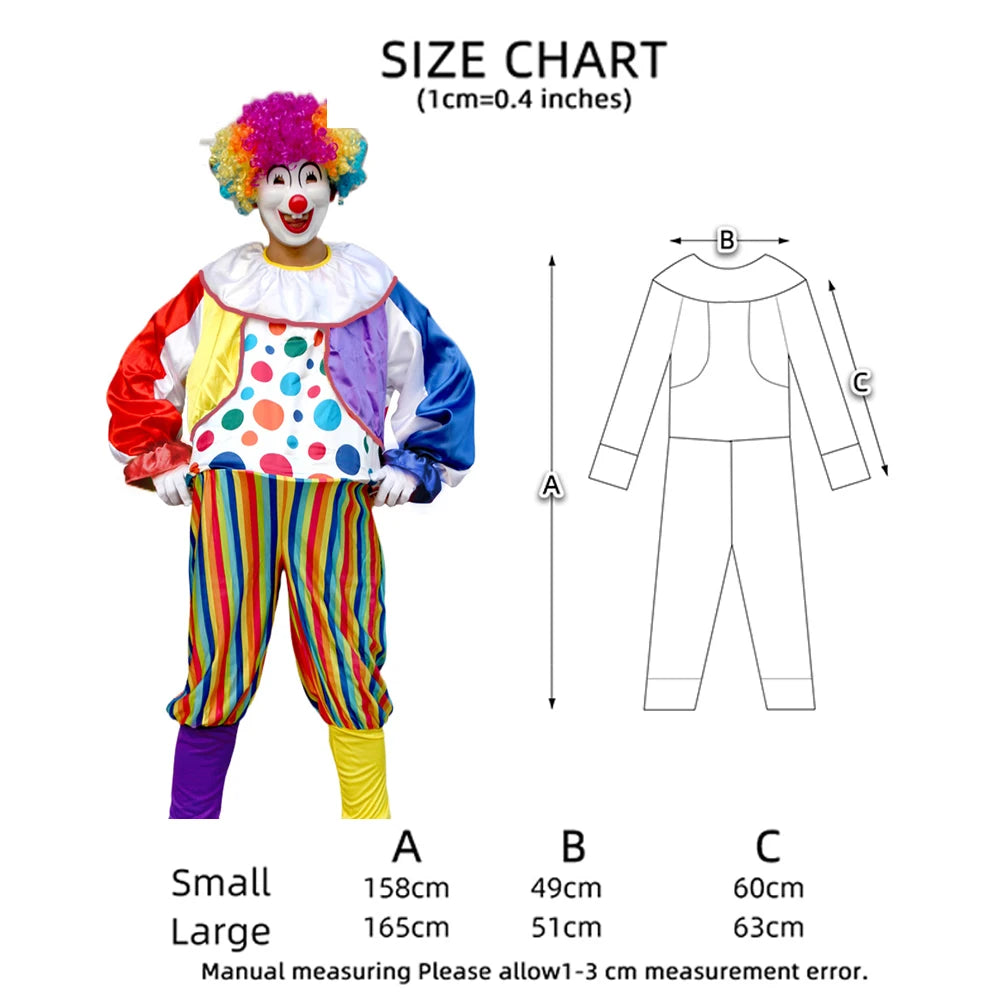 Size chart showing measurements for a classic clown costume set in small and large sizes.
