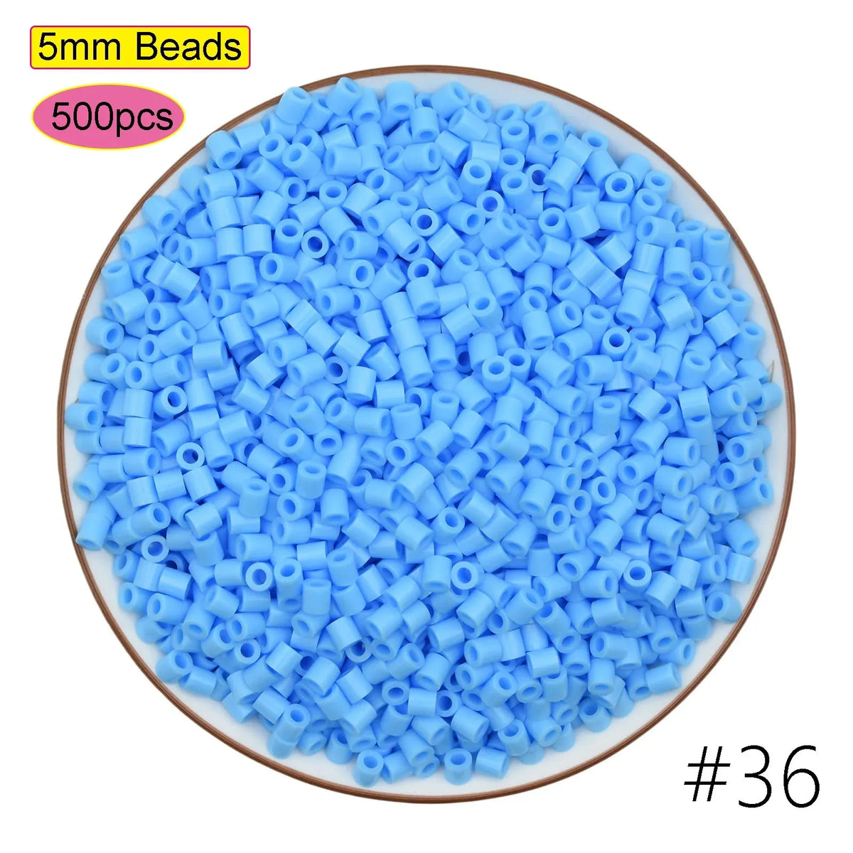 A circular arrangement of 500 small blue plastic beads used for craft projects.