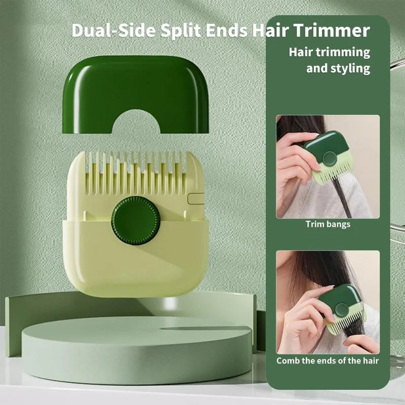 A dual-side split ends hair trimmer is shown with its components and usage demonstrating hair trimming and styling.