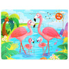 A colorful wooden tangram puzzle featuring pink flamingos, tropical plants, and a bright sun in a blue landscape.
